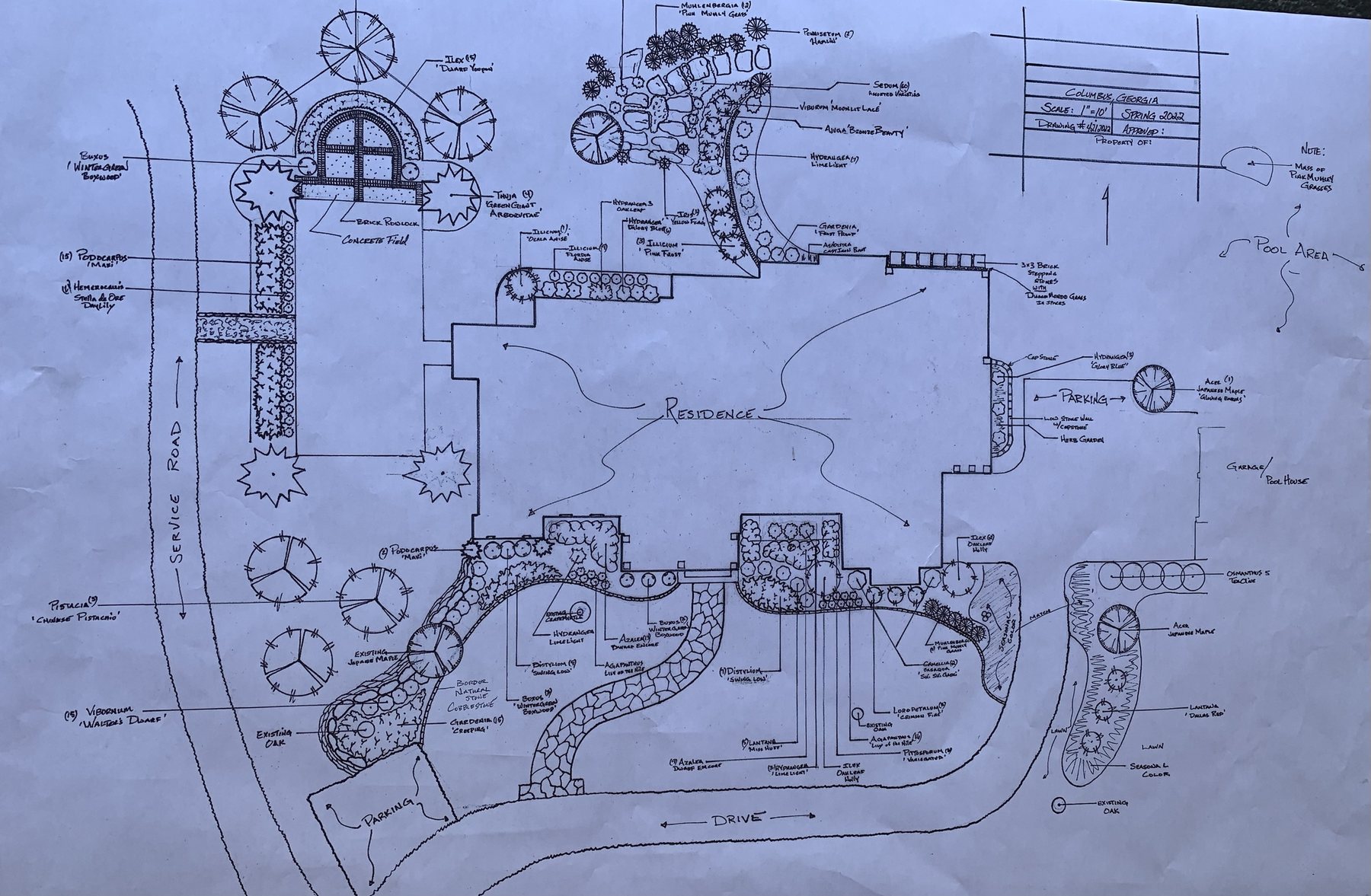 Hand-drafted estate landscape plan in ink with plant callouts, boxwood parterre, stone border and title block, Columbus, Georgia